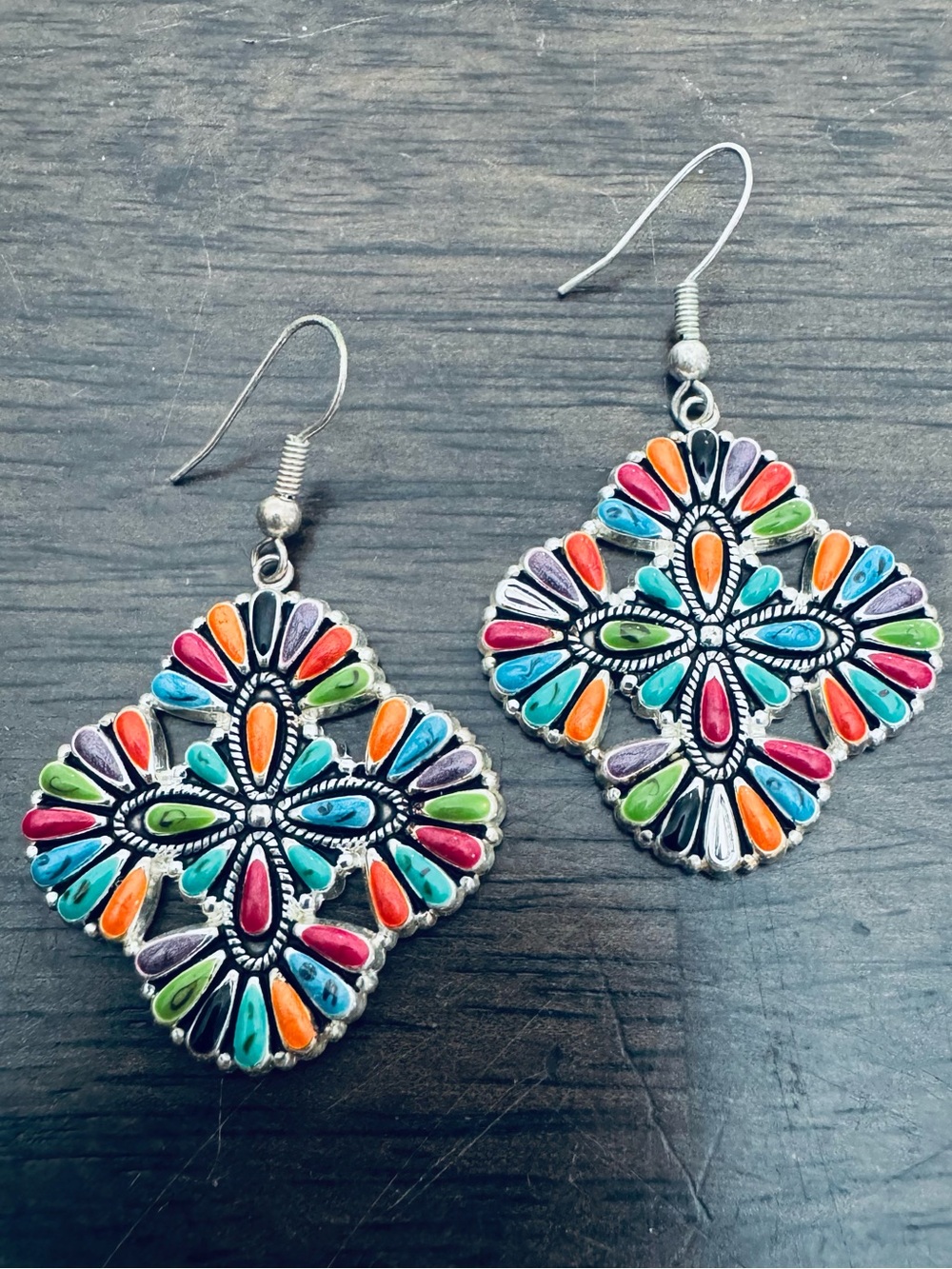 Colorful Rainbow Boho Medallion Silver Earrings
